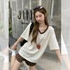 Korean Contrasting Colors Simple Casual V-neck Short-sleeved T-shirt Women's Summer New Design Loose and Thin Top