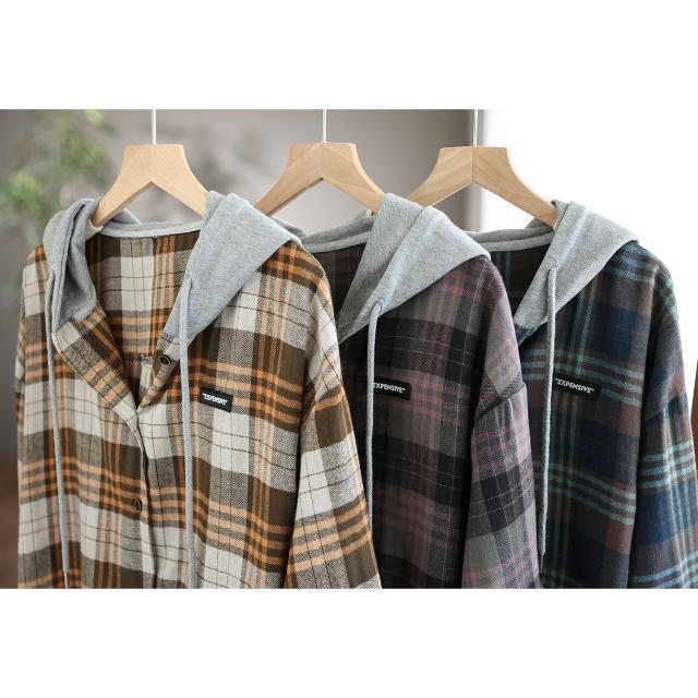 Damen-Shirt mit Kapuze, Kordelzug, lange Ärmel, kariert, Patchwork-Farbe, Hemdoberteil, einreihig, lockere Passform, Hemdmantel