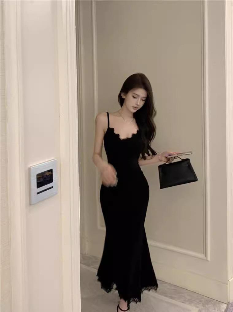 Rich Daughter Black Lace Suspender Dress Women's French High-end Temperament Slim and Thin Hip-wrapped Long Skirt