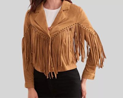 Tan Motorcycle Genuine Lambskin Jacket Fringed Handmade Suede Women Leather