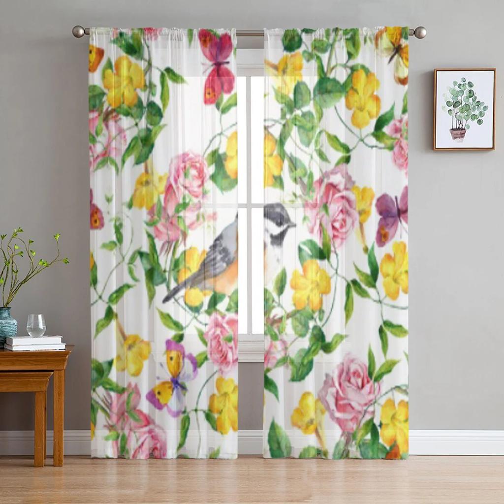 Yellow Flower And Butterfly Sheer Curtains For Living Room Modern Fashion Valance Curtains For Kitchen Tulle Curtains