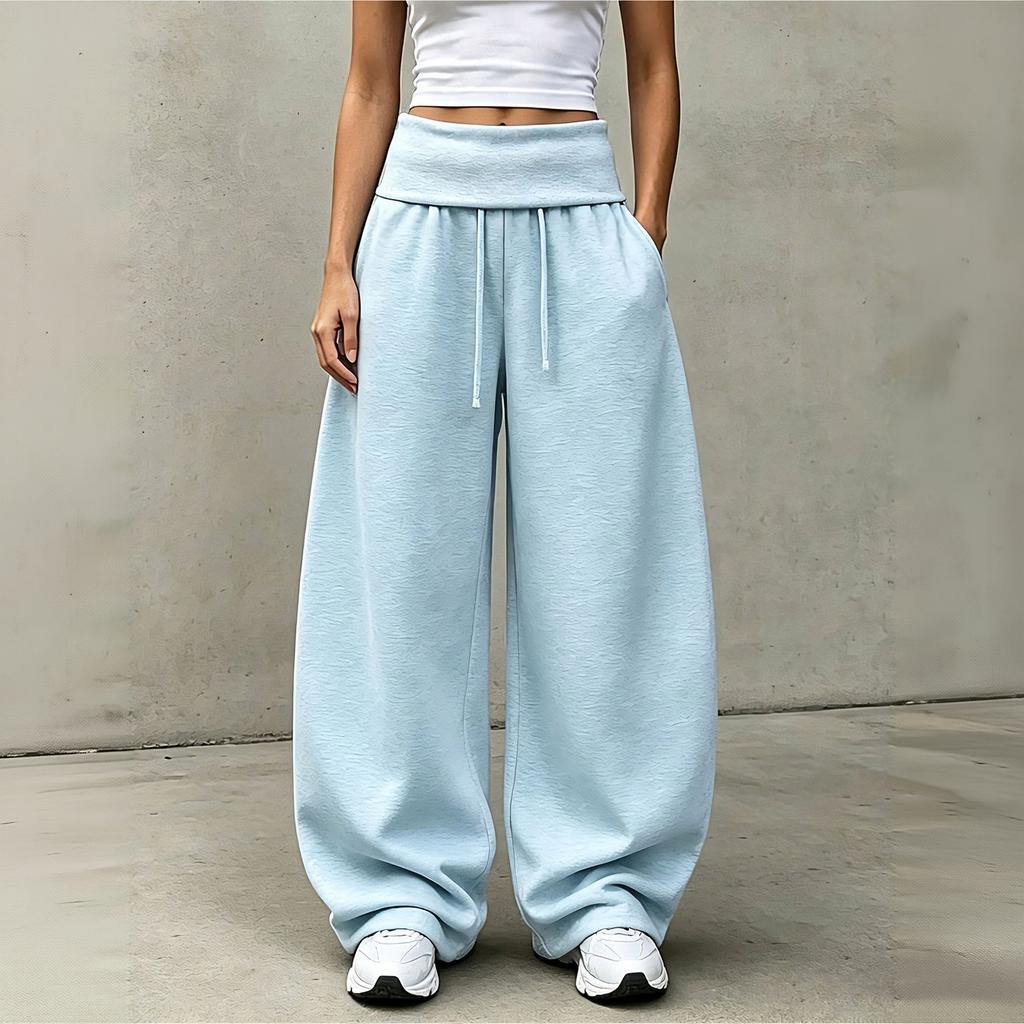 Damen Freizeit Farbe Umklappbund Locker Sitzende Jogginghose für Lounging und Alltag