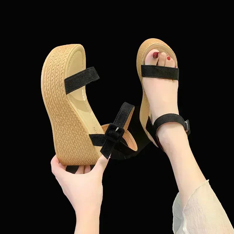 Solid Color Suede Women Sandals  New Summer Style Fashionable Comfortable Wear-resistant Platform Wedge Platform Sandals
