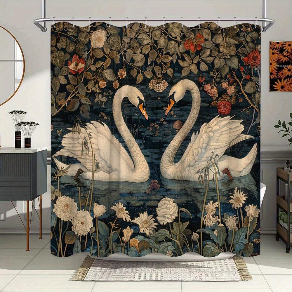 1Pc Victorian-Style Swans Shower Curtain - Romantic Pond Scene With White Swans, Lush Flowers & Greenery, Polyester Fabric
