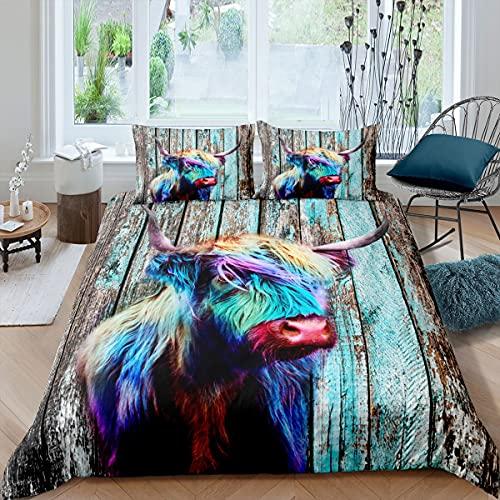 Highland Cattle Duvet Cover Set Flower Pattern Farm Animals Polyester Comforter Cover King Queen Size For Adult Men Bedding Set