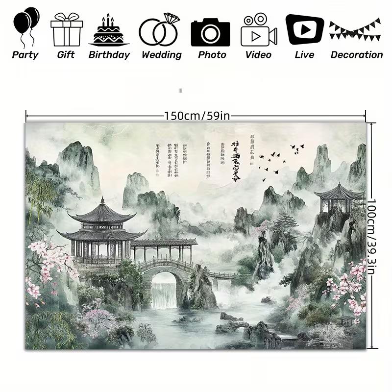 2D Chinese Ink Landscape Tapestry Misty Mountain Pavilion Cherry Blossom Wall Hanging Background 47.2x31.5inch/120*80cm