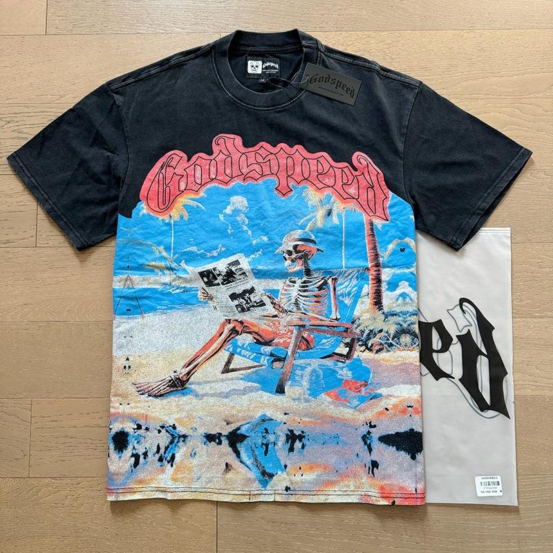 Godspeed retro printing foreign trade beauty tide high street men and women casual trend hip hop apricot old short sleeve T-shirt