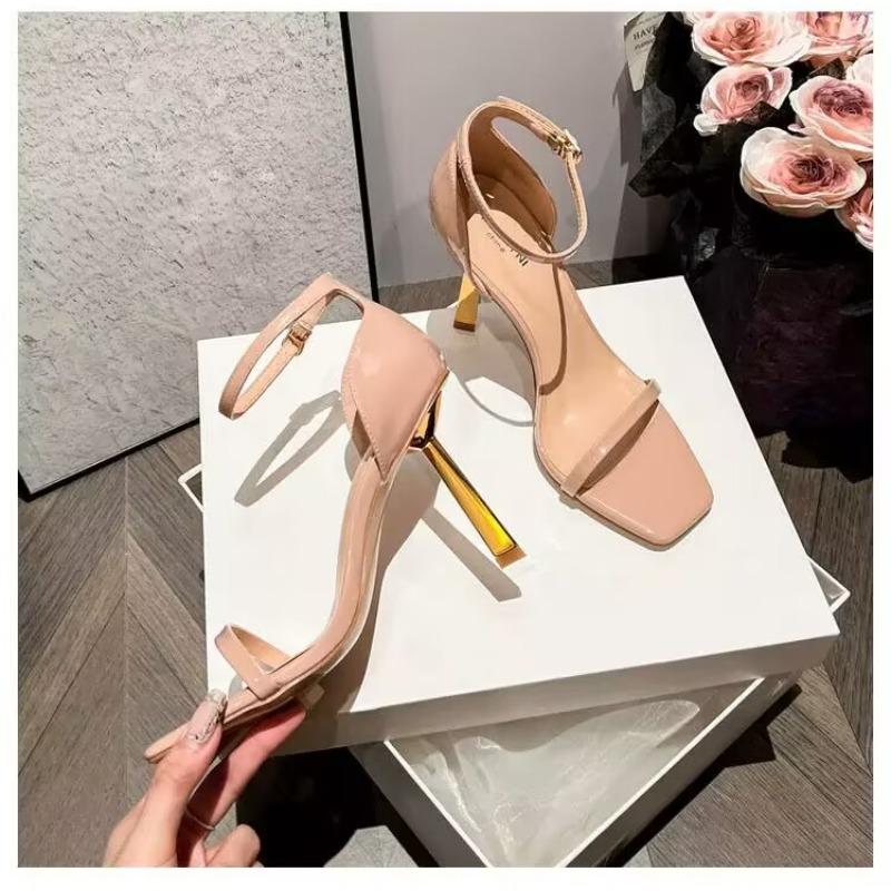 Fashion New Style Popular Women Summer Fashion Leather One Character Strip Sandals Elegant Simple Shoes Square Head Slender Heel Chic