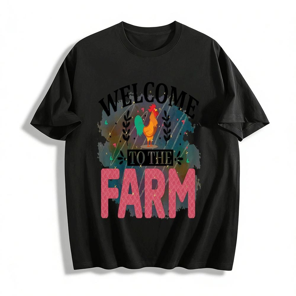 Welcome To The Farm Rooster Print Casual Short Sleeve T-Shirt Pure cotton T-shirt XXS