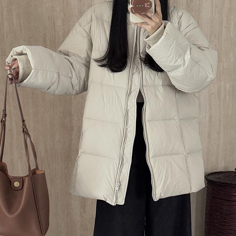 Crew neck down cotton-padded clothes women's medium and long models, new models, warm and fashionable simple cotton-padded clothes, cotton-padded jack