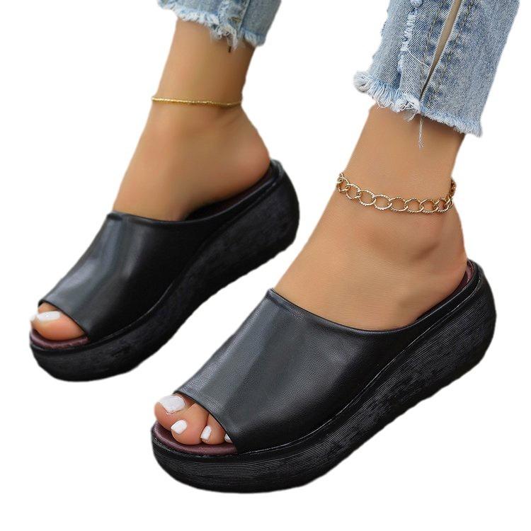 2025 Summer New Large Size Fish Mouth Wedge Slippers Rubber Platform Leather Casual Women's Shoes Size 44