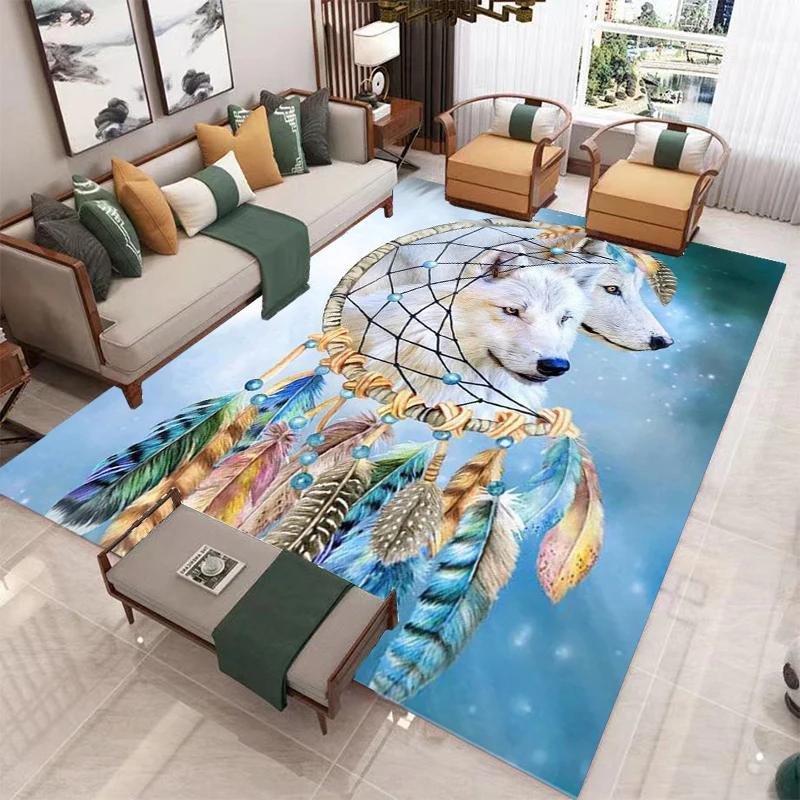 Wolf Carpet Wild Animal Doormat Bohemia Style Dreamcatcher Area Rug for Living Room Bathroom Decor Woodland Wildlife Floor Mat