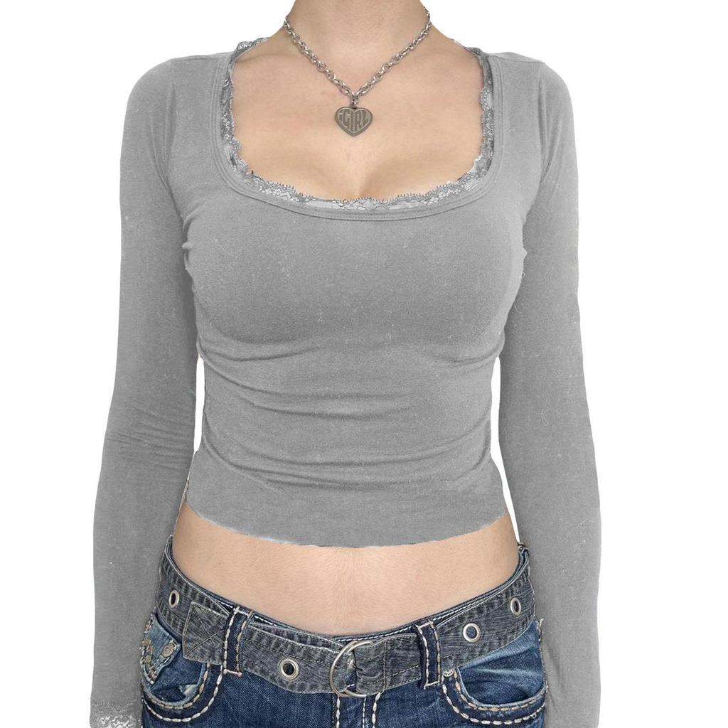 Women's Long Sleeve Square Neck Lace Trim Slim Fit T-shirt