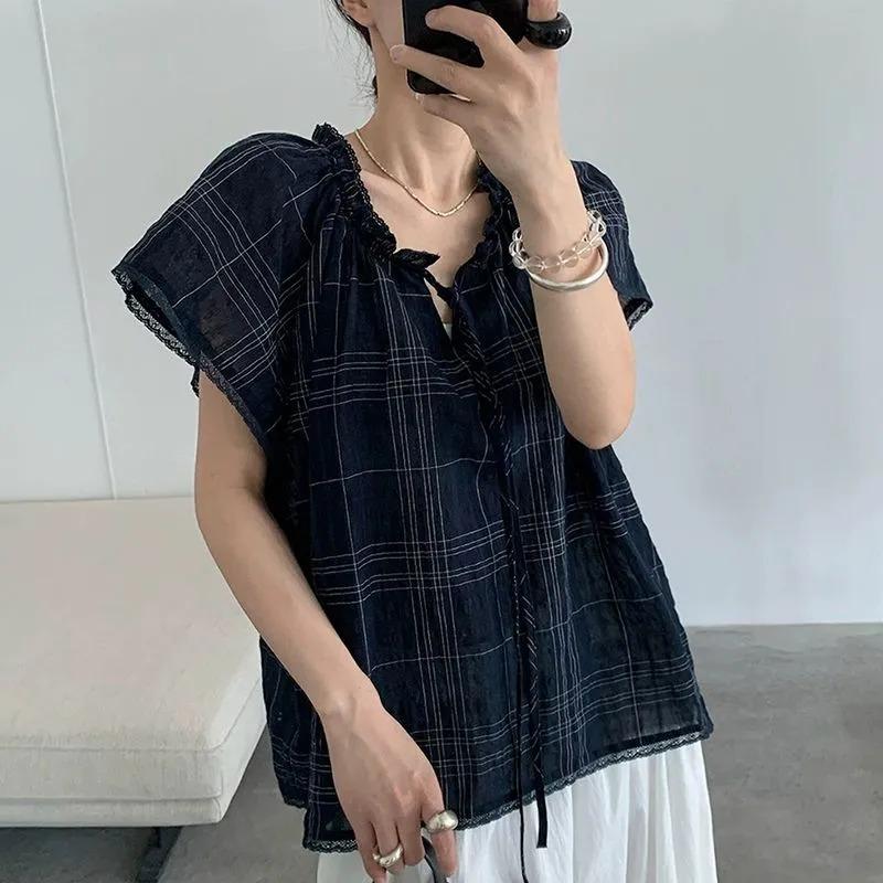 

Женская клетчатая блузка с рюшами и завязками Свободный крой Рукава-летучая мышь Повседневный летний топ L темно-синий
