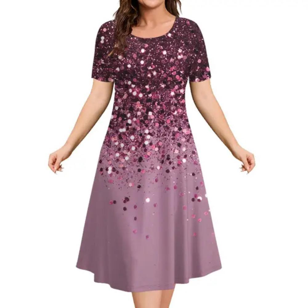 Fashionable and elegant women's dress short sleeved O-neck casual vacation party dress 3D printed A-line dress
