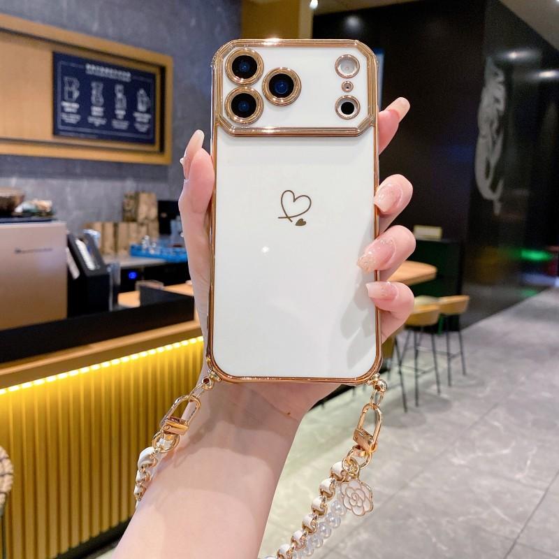 

Pearl Strap Case For iPhone 17 Pro Max 16 14 13 15 Plus Air Plating Love Camera Protector Shockproof Soft Metal Lanyard Cover for iPhone 16 Plus