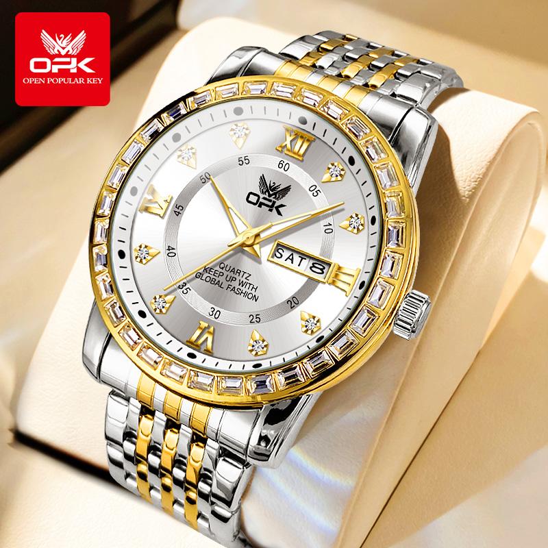 OPK 8174 Quartz Watches for Men Fashion Diamond Bezel Auto Date Week Waterproof Luminous Classic Business Men's Wristwatches