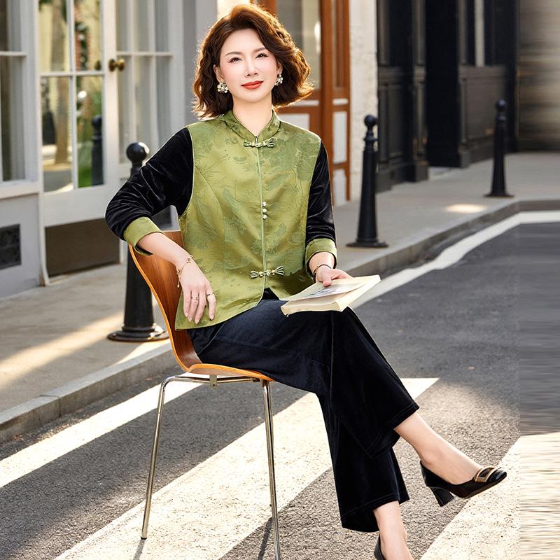 Stylish Spring Three-Piece Set: Chinese-Style Vest, Inner Top, and Pants for Middle-Aged and Elderly Women