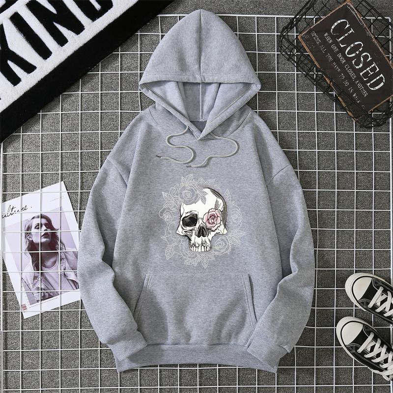 Autumn Winter Couple Style Sunflower Skull Print Hoodie Men Women Casual Simple Top Streetwear Sleeve Decorated Hoodie