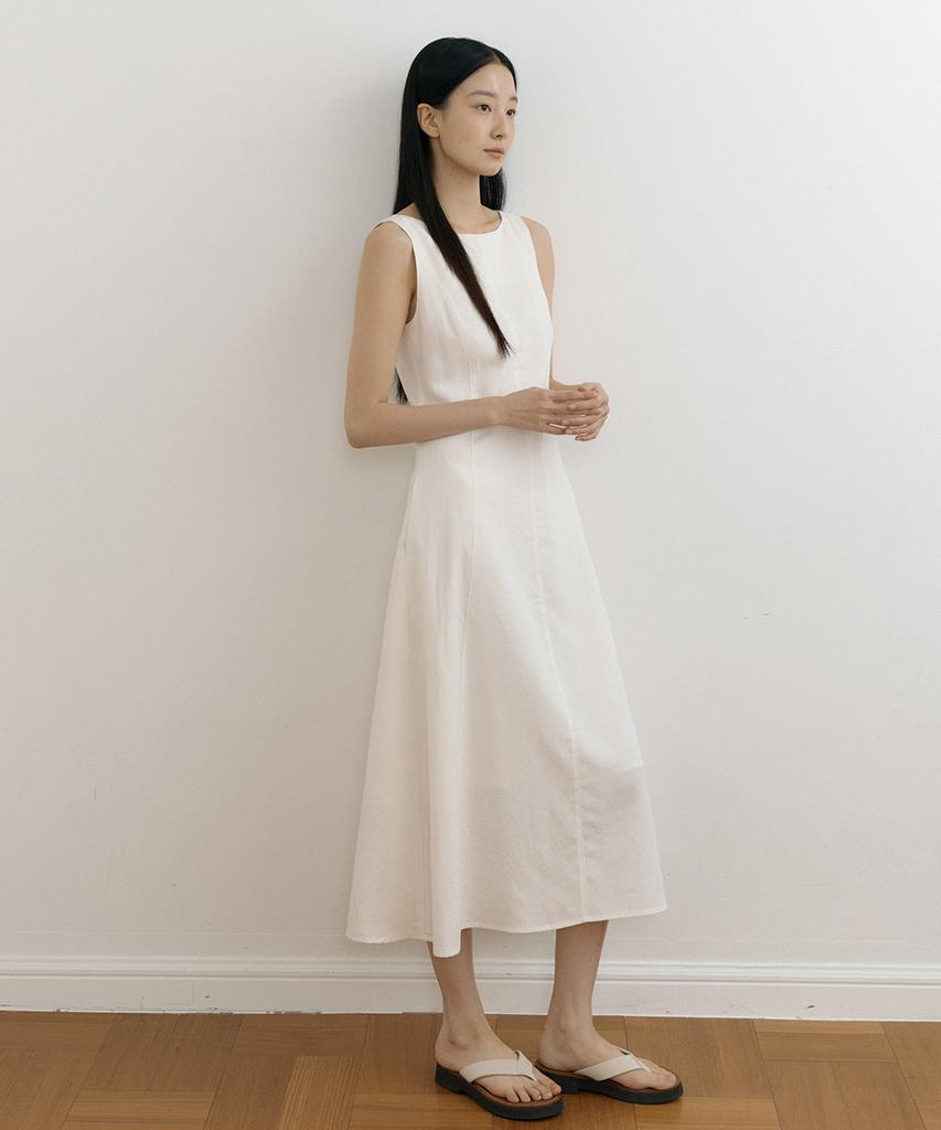 Lingseoul Linen Sleeveless Boat Neck Long Flare Dress-Ivory