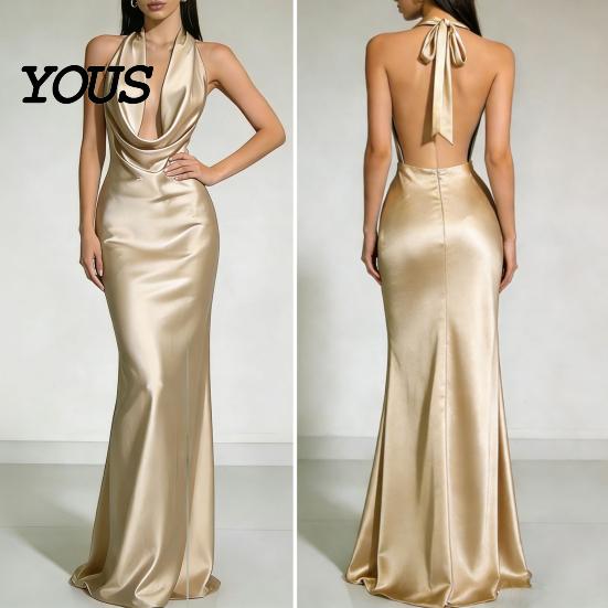 Party Dress Casual Women Sexy Backless Maxi Dress, Deep V Neck Sleeveless Versatile Halter Satin Long Formal Evening Mermaid Gown