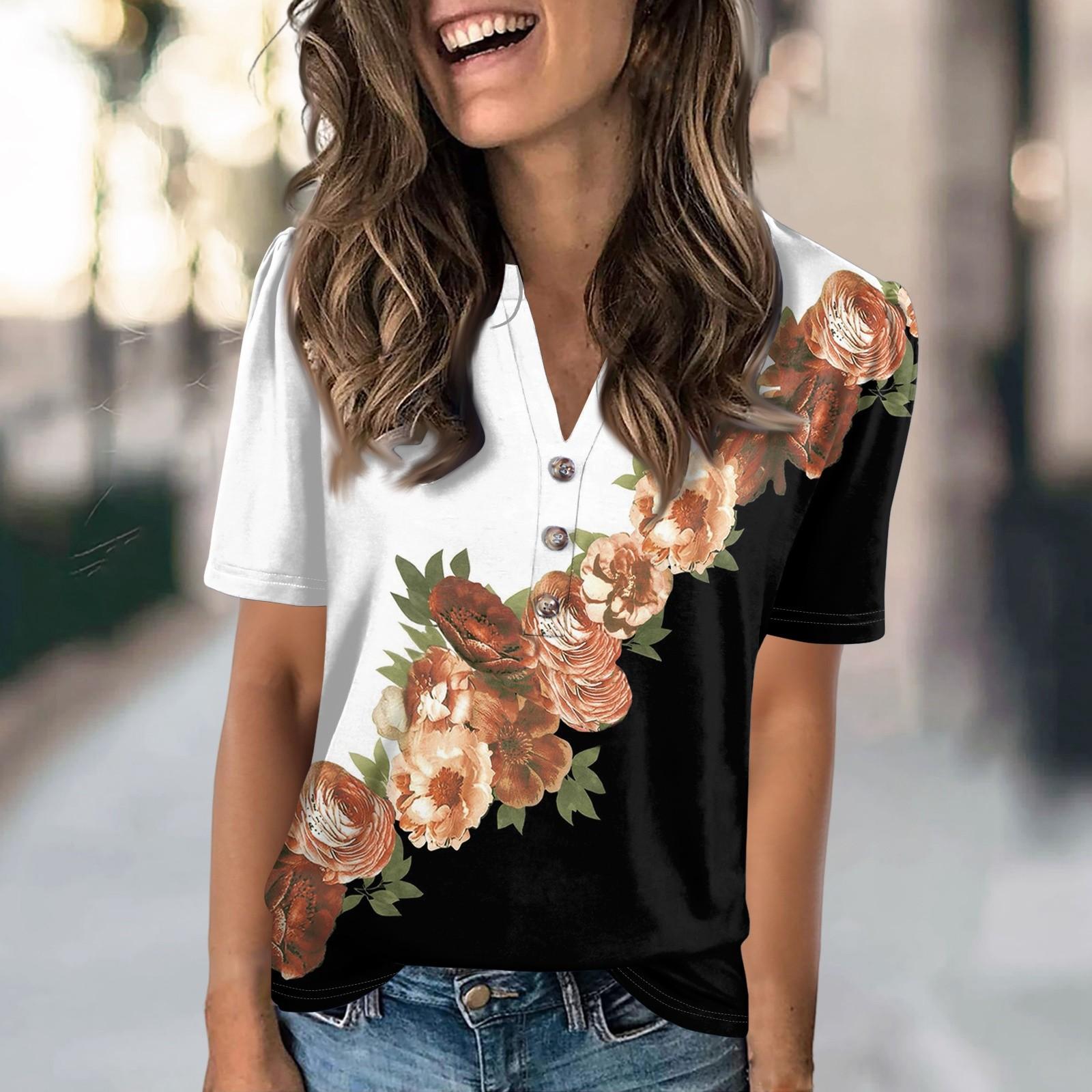 

Женская модная повседневная футболка с цветочным принтом, V-образным вырезом, коротким рукавом, на пуговицах L шафрановый