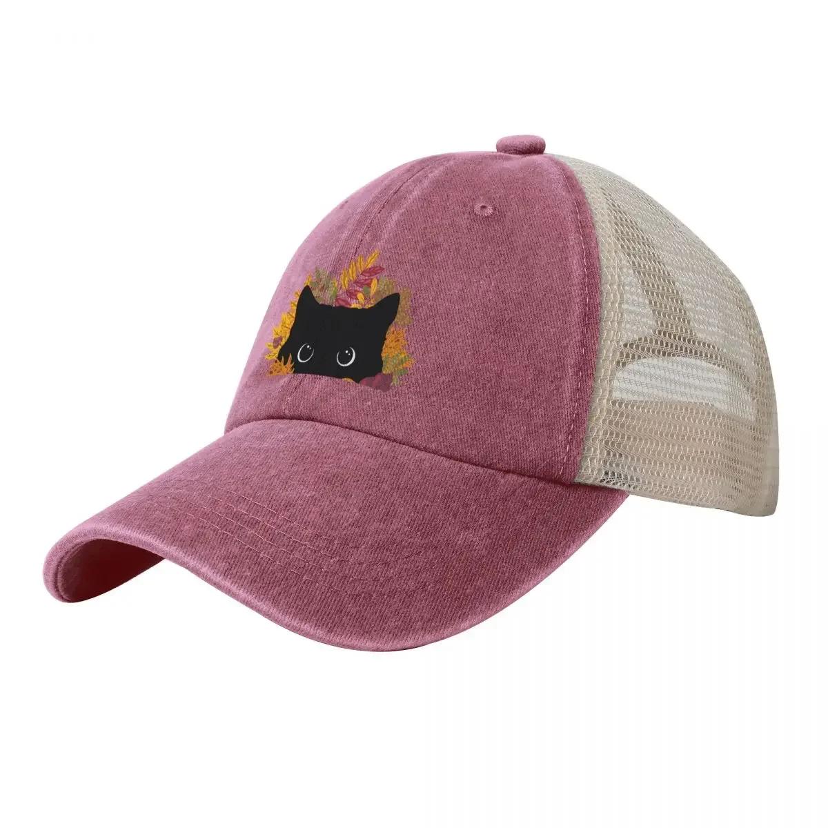 Black Cat Peeking Spying Autumn Fall Cowboy Mesh Baseball Cap Rave Sun Hat For Children Ladies Unisexs