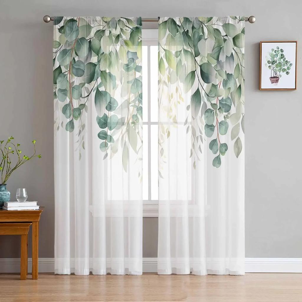 Frühlingsaquarell Pflanze Eukalyptusblätter Transparente Vorhänge für Wohnzimmerdekoration Fenstervorhang Küche Tüll Voile Drapierungen
