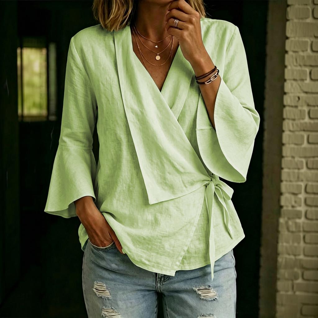 Damen Bluse mit Glockenärmeln, V-Ausschnitt, Bindung vorne und asymmetrischem Saum, Lässiges Baumwoll-Leinen Top