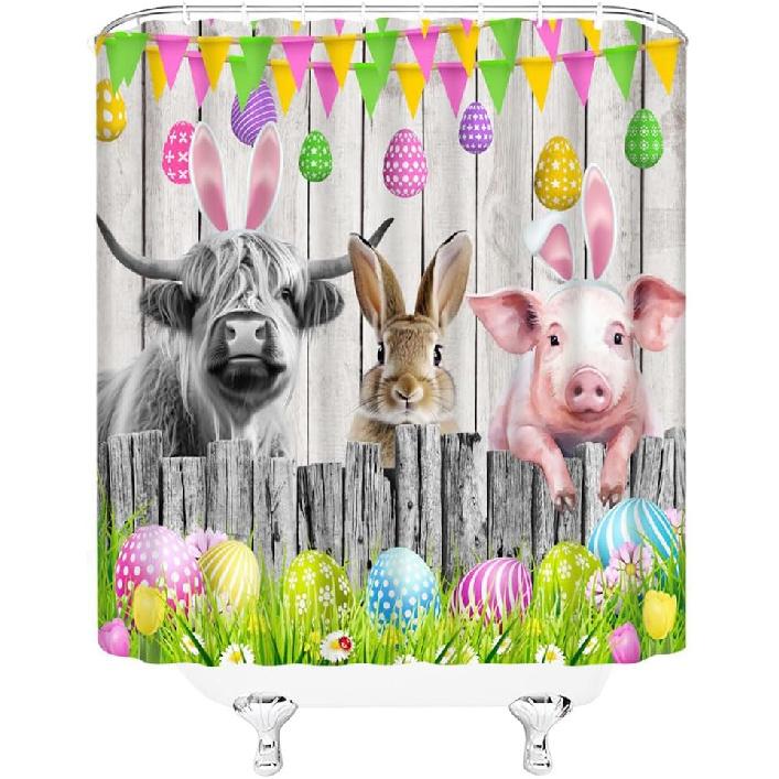 Easter Farmhouse Shower Curtain Bunny Colorful Eggs Rabbit Cute Rustic Animal Cow Pig Spring Holiday Vitange Wooden Plank Bull Bathroom Curtain Set