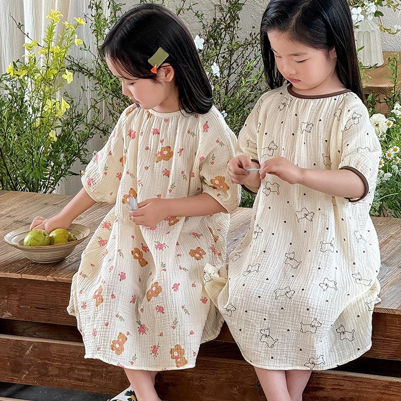 Sweet Short Sleeve Girls Kids Sleep Dress Casual Summer Home Nightgown