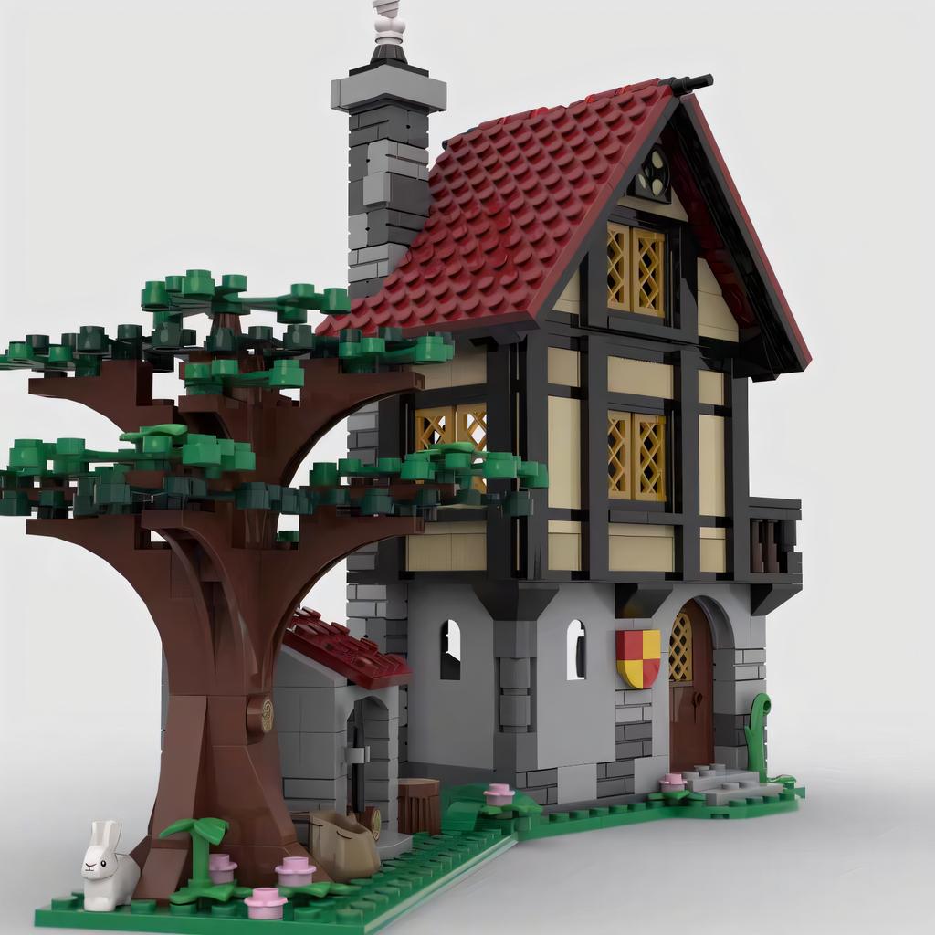 Non-Toxic Moc Medieval Small House Particle Intelligent Assembly Building Blocks Toy Pendulum With Printed Components