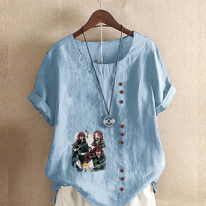 Damnytt mode linneskjorta rund hals kortärmad tecknade figurer tryckt t-shirt sommar damer vardaglig plusstorlek blus toppar