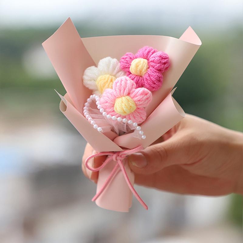Puffs Crochet Flowers Pearl Mesh Packaging Artificial Flower Bouquets Hand Woven Flower