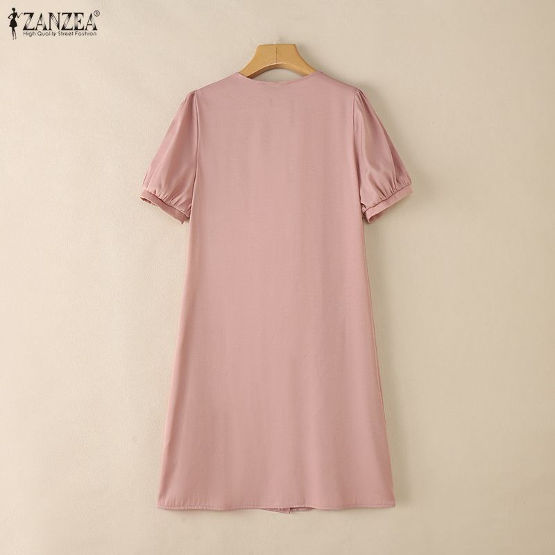 ZANZEA Women Casual Ruffles Splice Round Neck Summer Short Sleeve Dress