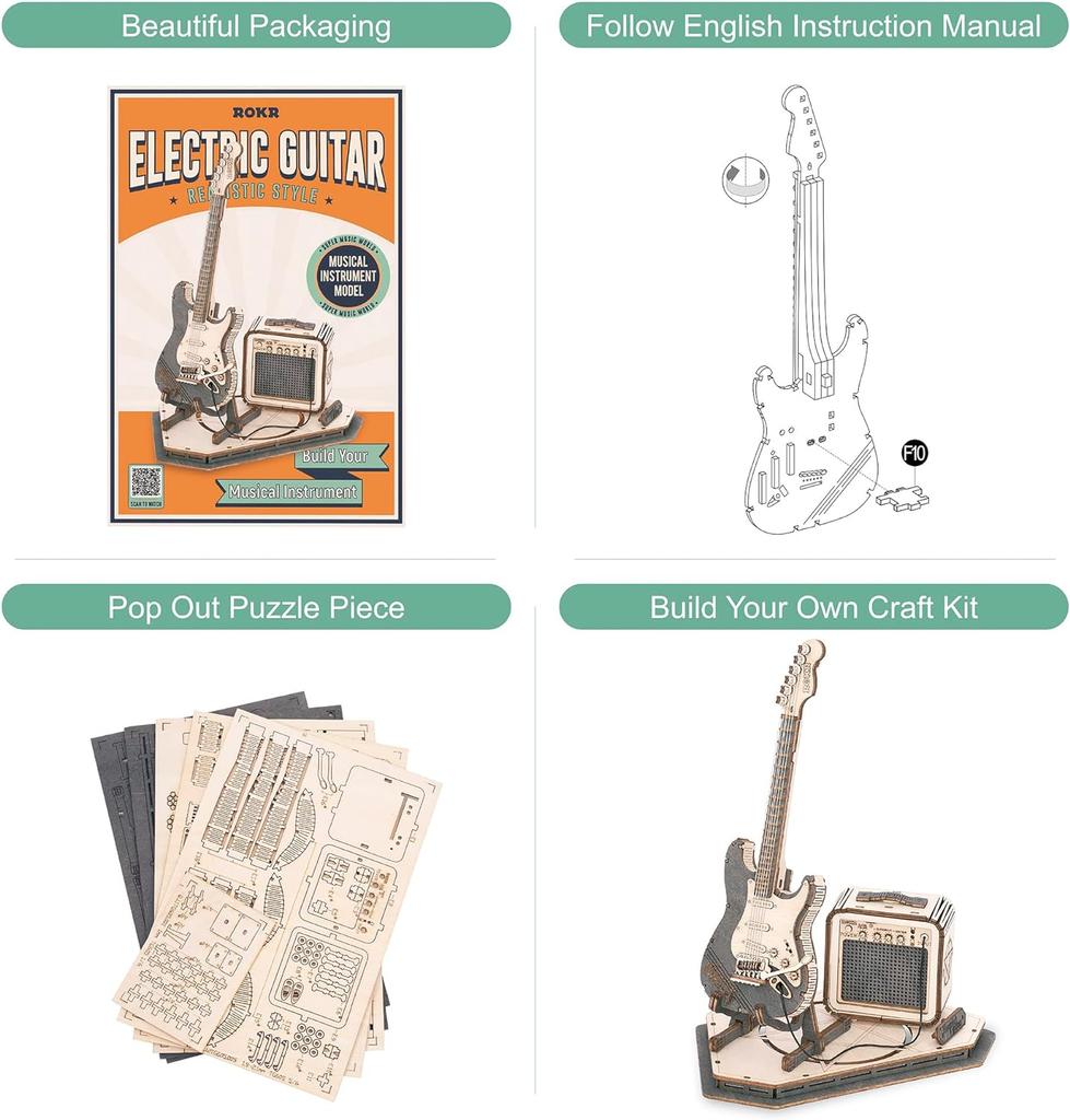 Robotime Rokr 3D Holzpuzzles Gitarre Bastelmodellbausätze 140 Teile Bauen Sie Musikinstrumente für Erwachsene