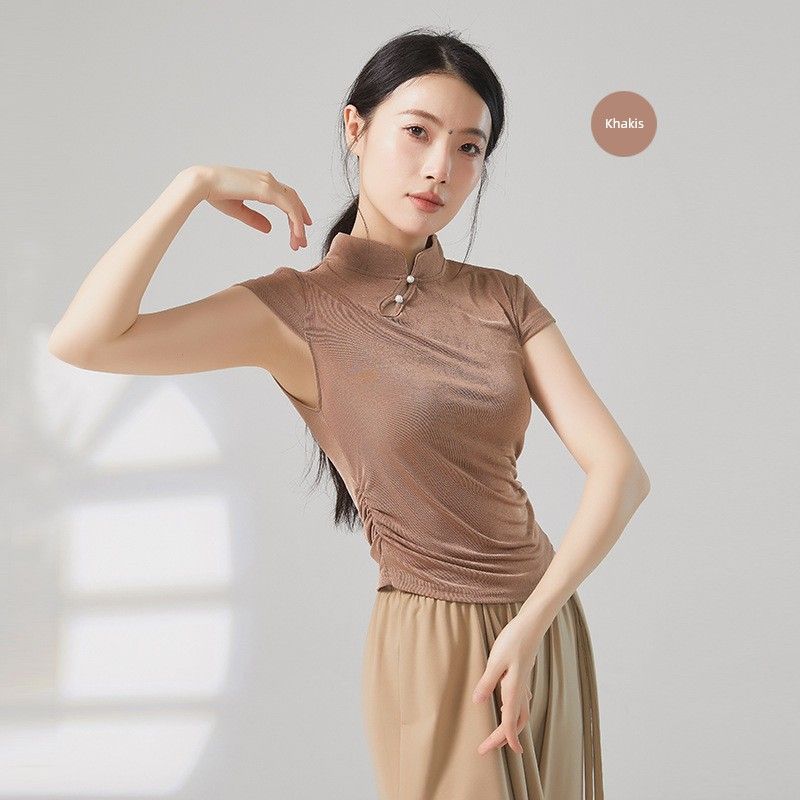 

Classical Dance Body Training Clothing Female Summer Short Sleeve Practice Clothes Modern Dance Performance Wear Tops Khakis M