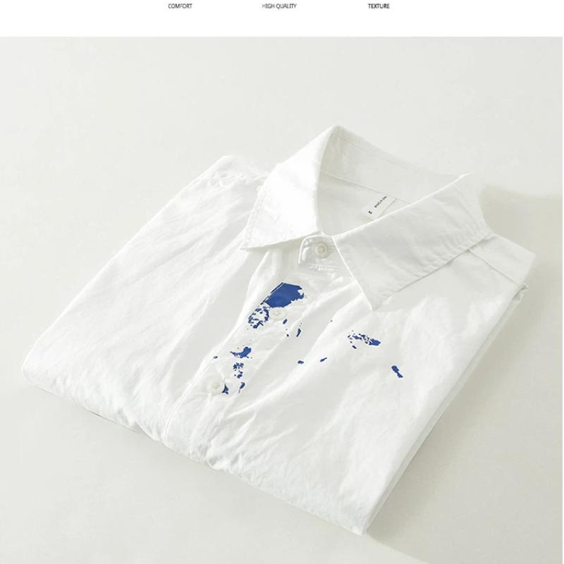 Korean Fashion Long Sleeve Mens Shirts Street Style Print White Shirt Spring and Summer 100 Cotton Men's Casual Shirt