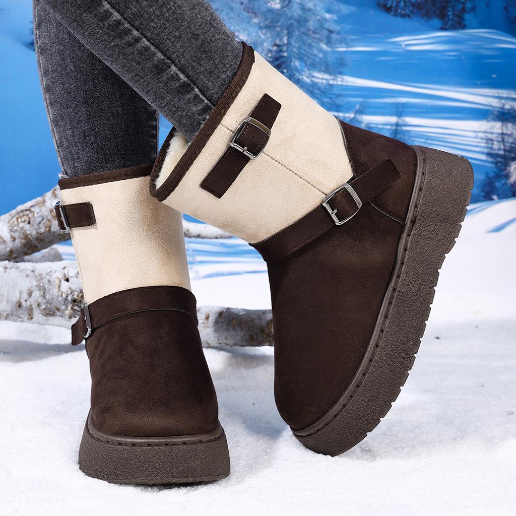 Comfortable Suede Large Size Walking Boots In Winter/stylish New Round Toe Buckle Thick Sole Warm Casual Snow Boots for Women