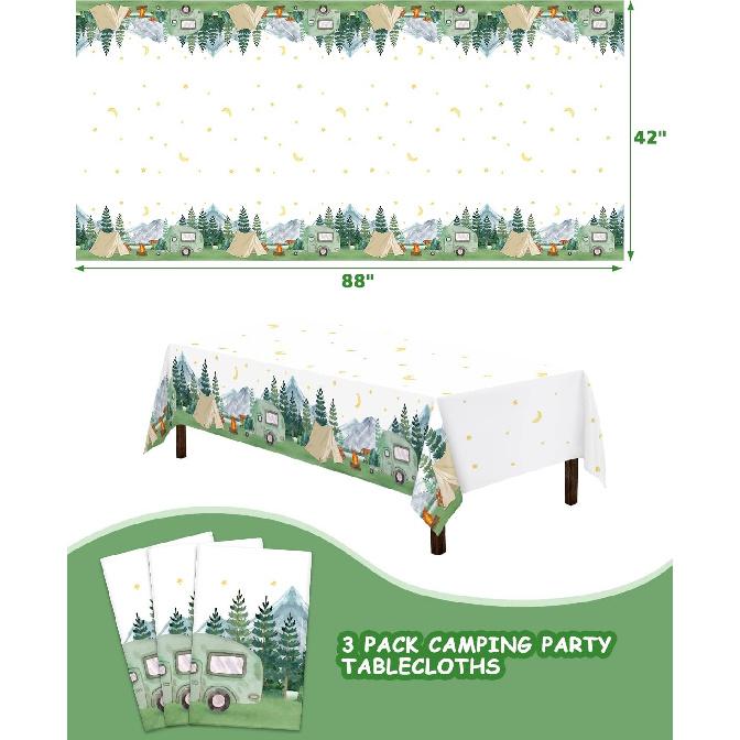 Nefelibata 3 pcs Camping Birthday Decorations Table Cover Waterproof Tablecloths One Happy Camper Party Camping Favors Bachelorette Happy Camper for