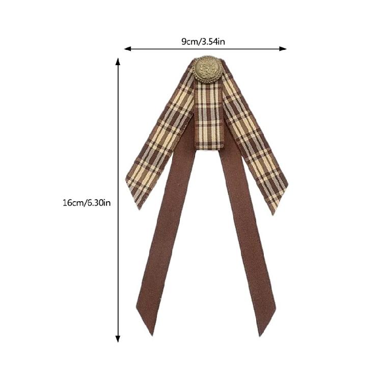 Vintage Brown Plaids Ribbon Pre Tied Bowtie Brooch Pin Women Corsage Shirt Jabot Collar Uniform Bowknot Necktie Clip