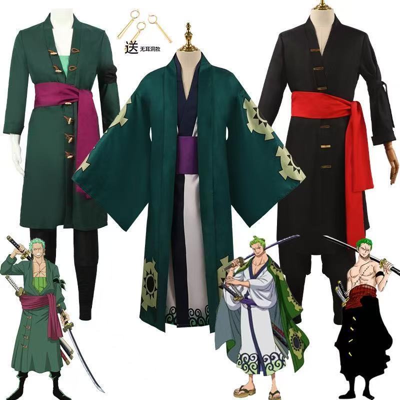 Kimono Verde Roronoa Zoro Cosplay Costume Anime Uniforme per Halloween Costume Adulto Fodera Parrucca Capo Esterno Cintura Disfraz Halloween