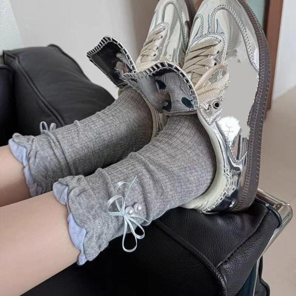 5Pairs Ins Style Bowknot Pearl Socks Ruffle Sweet Socks Women Solid Color Mid Tube Socks  Girl
