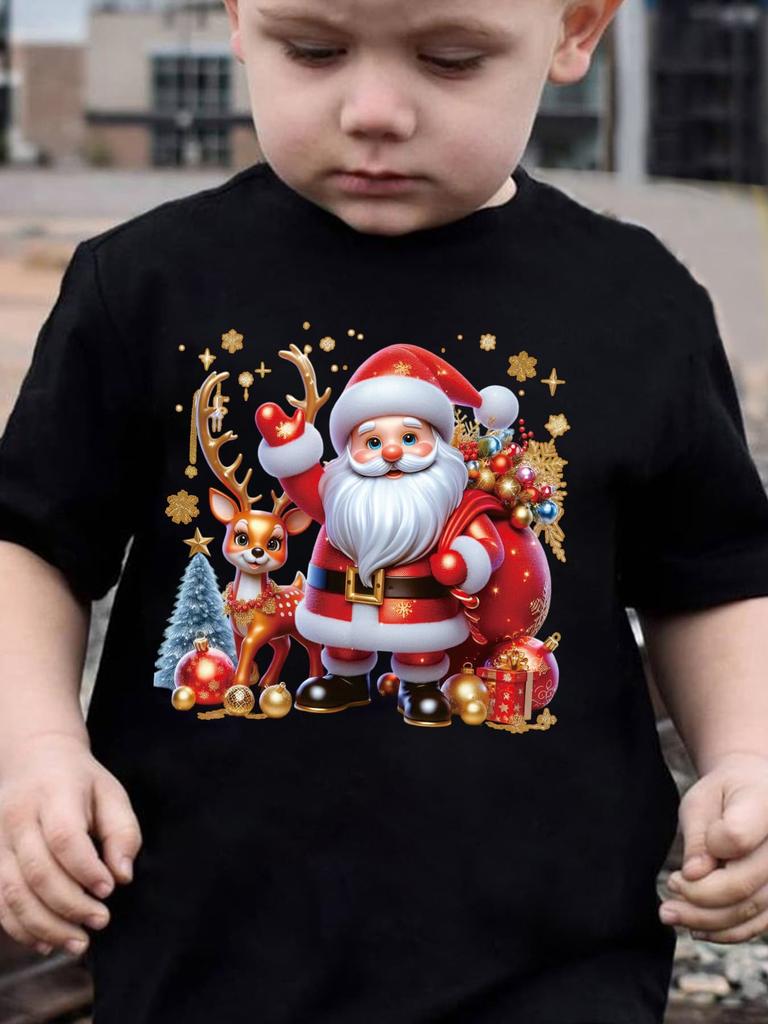 Boys' Short Sleeve T-Shirt with Santa Claus Print - Christmas Themed Summer Casual Round Neck Top