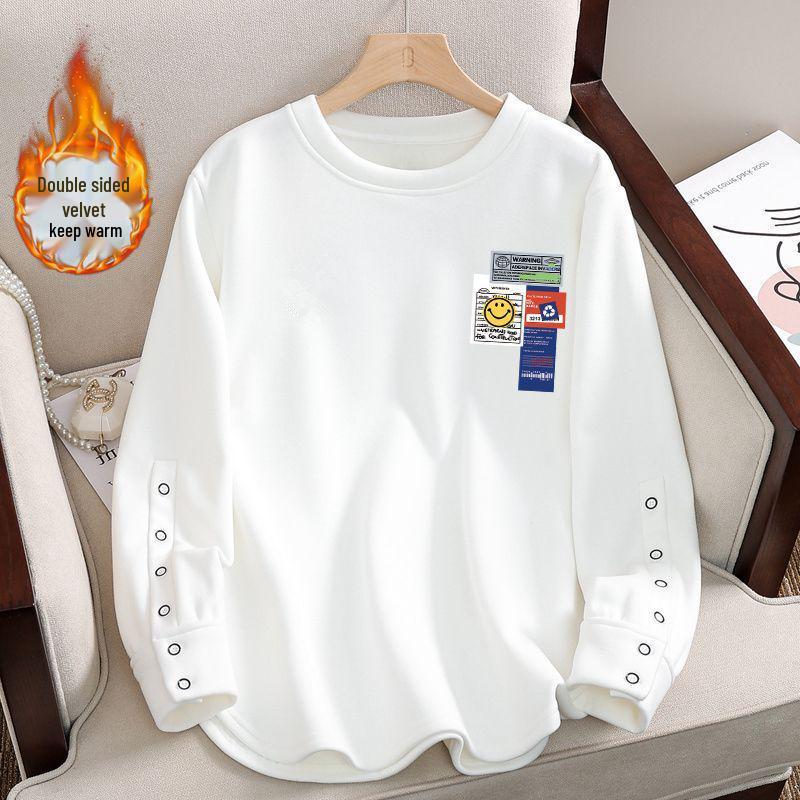 

Толстовка с длинным рукавом из толстого белого флиса большого размера - Свободный, стильный базовый слой для осени и зимы M [Up to 100 lbs]