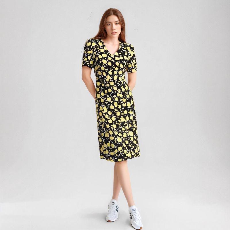 

Women s Slim Chiffon Elegant Slim Looking Floral Dress New arrival yellow chiffon lining 3XL