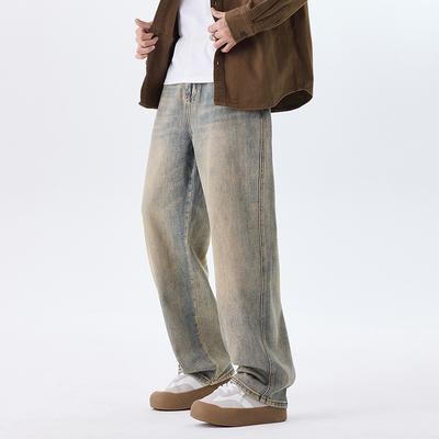 New American Style Personalized Yellow Mud Dye Nostalgic High Street Straight Versatile Loose Floor Jeans