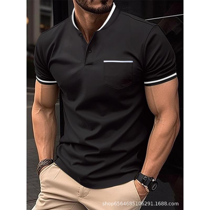 Men s Fashion Short-Sleeved Plain-Coloured Polo Shirt with Stand-Up Collar and Pockets, Loose-Fit T-Shirt S чёрный