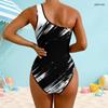 Women Plus Size One Shoulder One Piece Swimsuit Asymmetric Neck Black White Print
