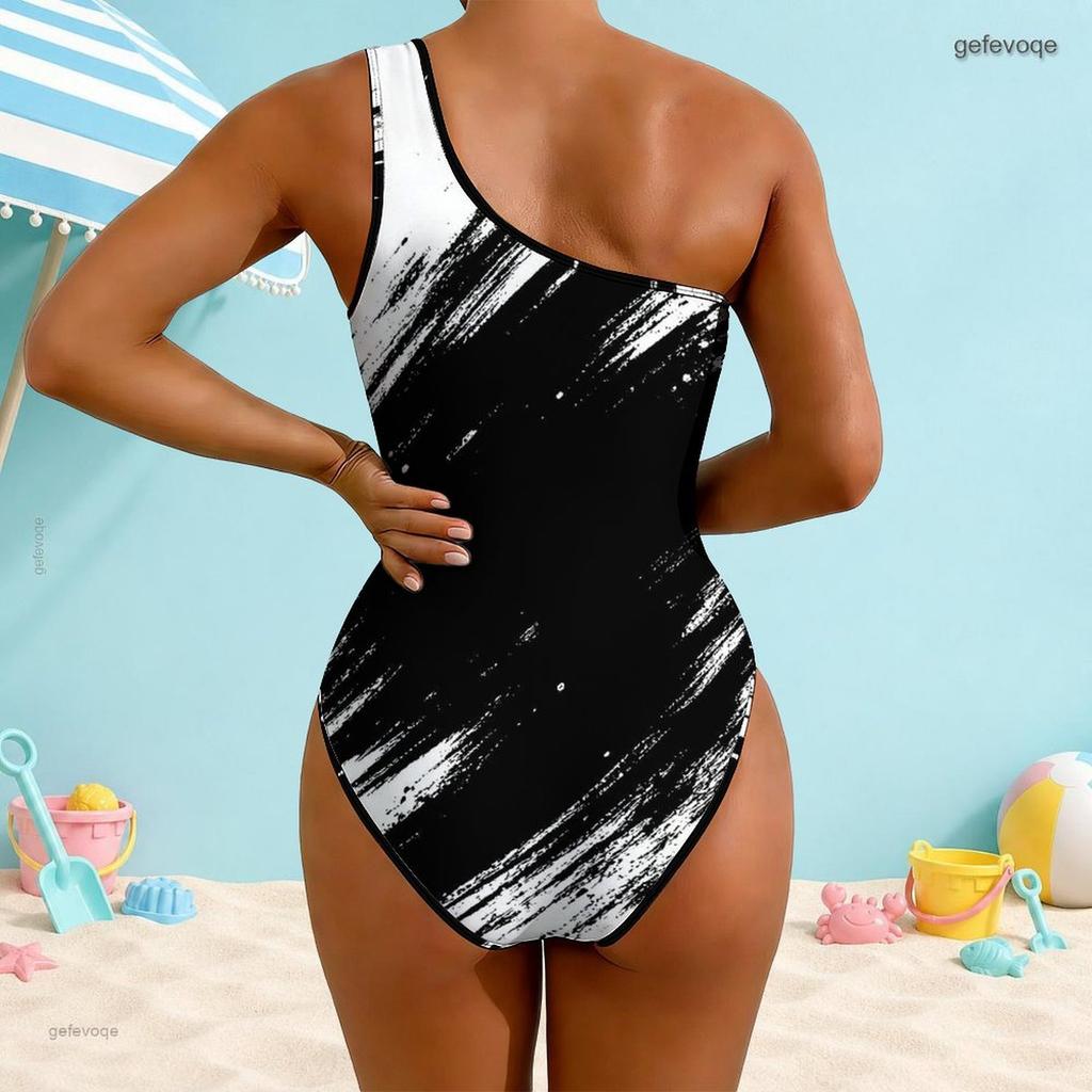 Women Plus Size One Shoulder One Piece Swimsuit Asymmetric Neck Black White Print